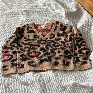 Wildfox Tan Leopard V-Neck Sweater with Pink Accents